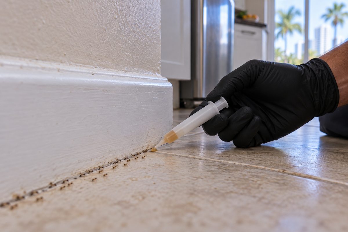 Gel ant bait placed at the seam between a baseboard and floor tile