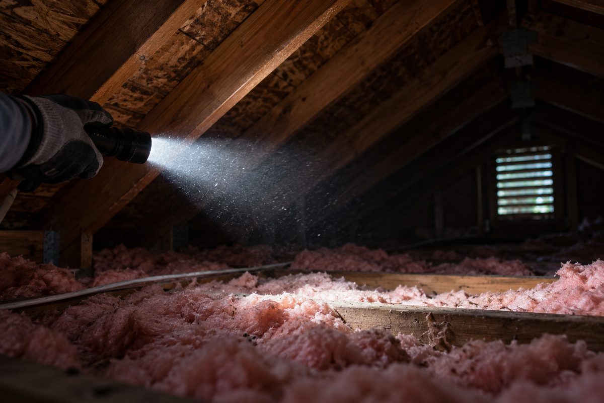 Flashlight beam crossing attic joists and insulation during an inspection