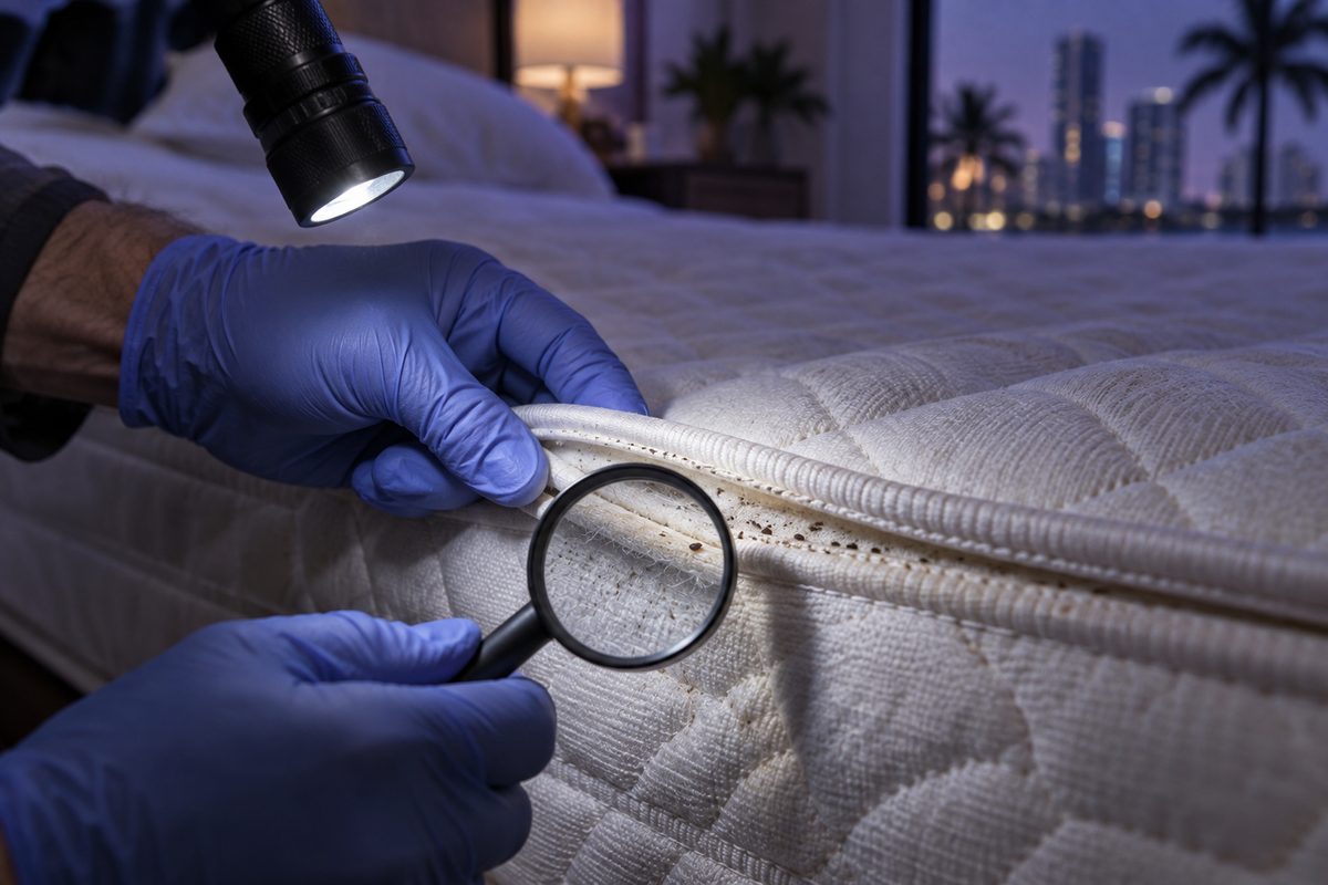 Flashlight and magnifier inspecting the piping seam of a mattress for bed bugs