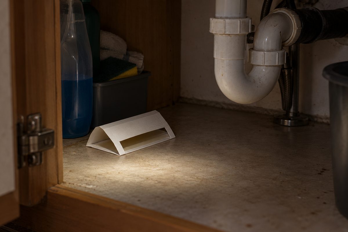 Glue-board monitor placed beneath a kitchen sink beside the drain pipe