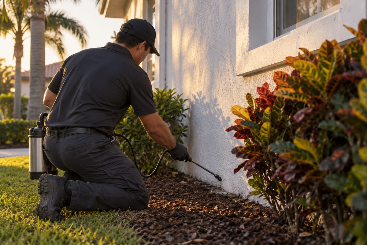 Technician treating the foundation line of a stucco Miami house beside a mulch bed