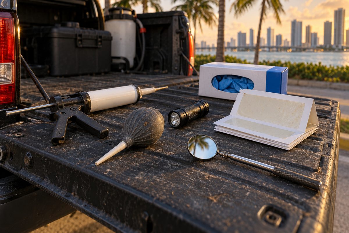 Bait gun, bulb duster, flashlight, glue monitors and gloves laid out on a truck tailgate